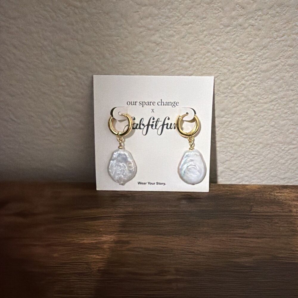 Our Spare Change Isla Pearl Drop Earrings Goldtone Hoops FabFitFun Collab New